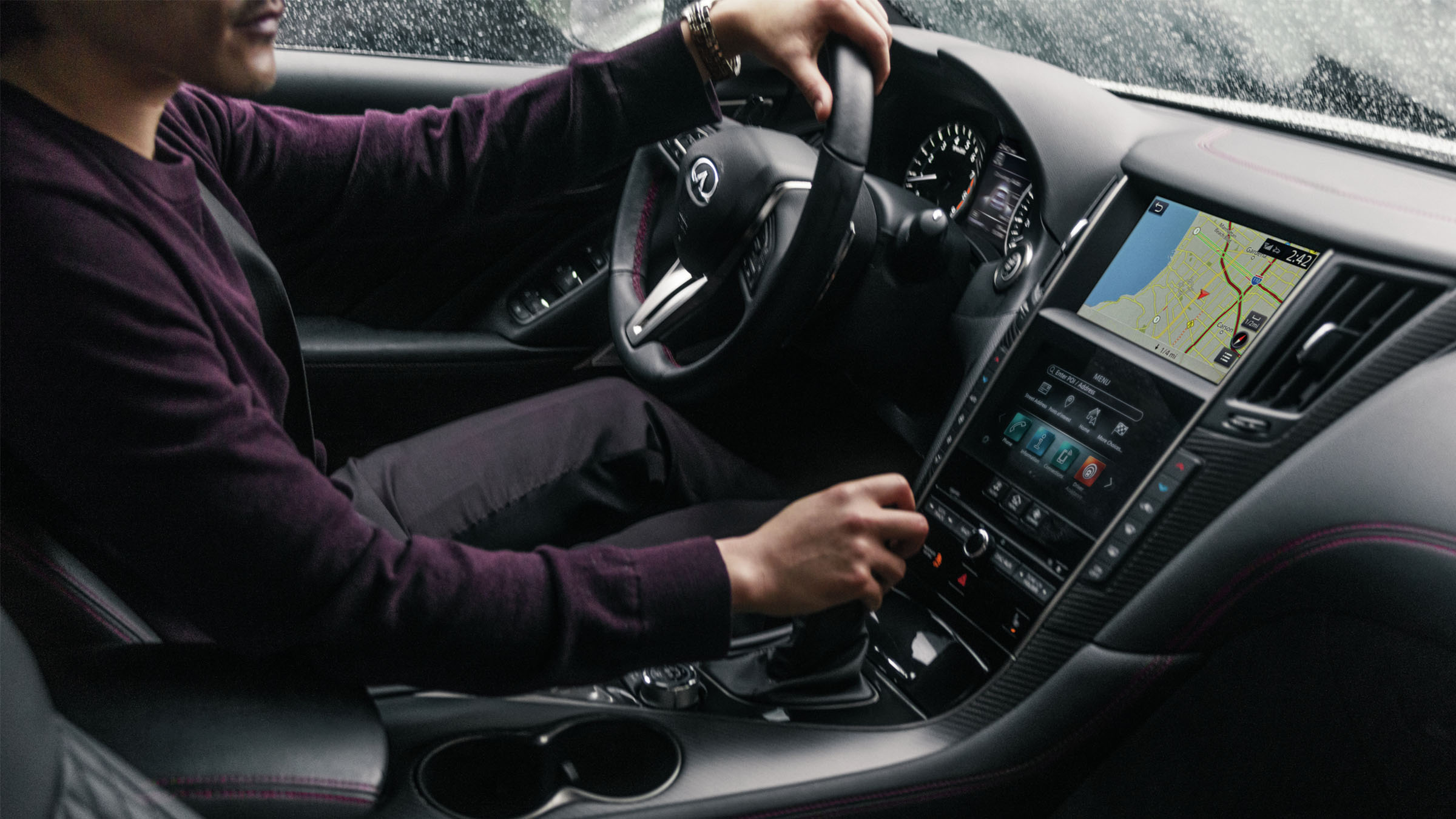 2022 INFINITI Q50 sedan interior middle console and steering wheel.